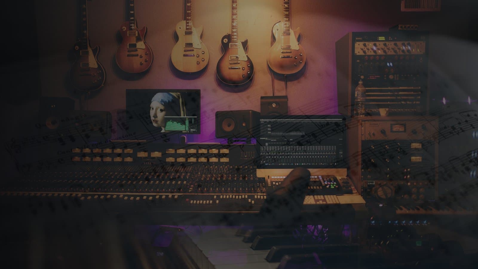 Photographed studio desk and written score plates composited for MusicGlyph — the commission desk of 0dB Labs.